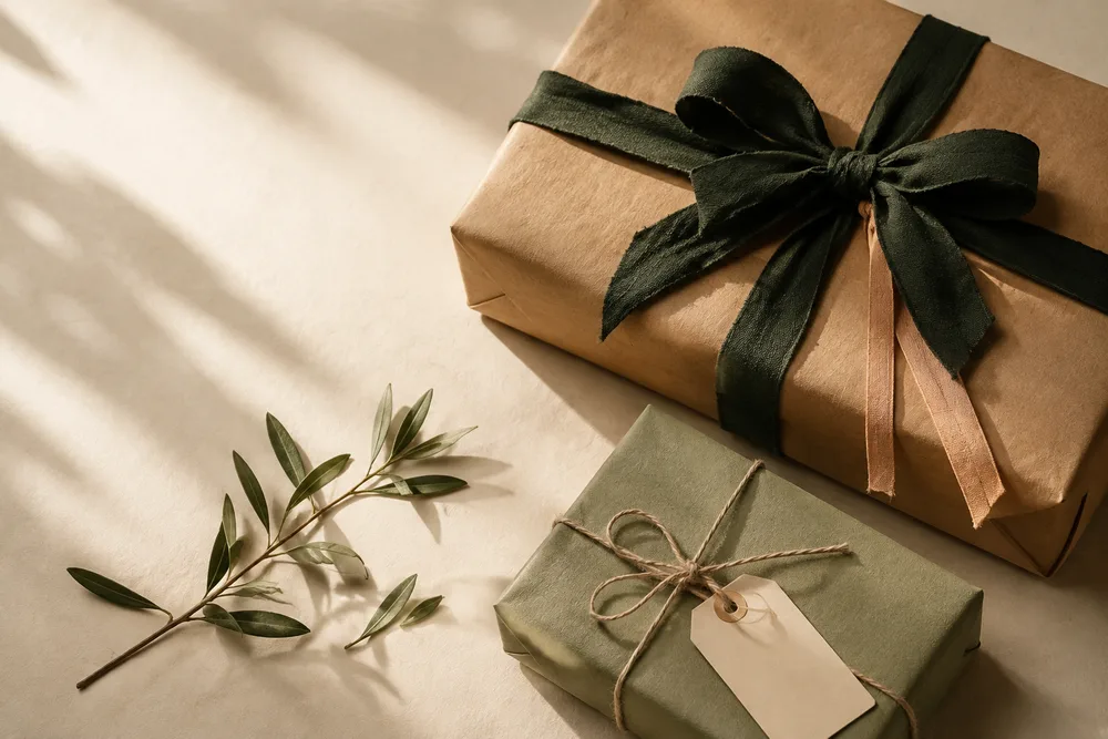 Thoughtfully wrapped kraft and sage-green gifts, tied with forest-green ribbon and cotton string.
