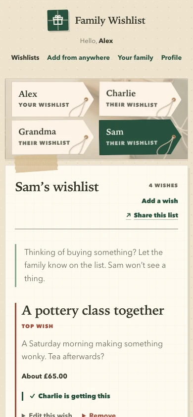 Sam’s wishlist on a phone, with gift priorities and private coordination for gift-givers.